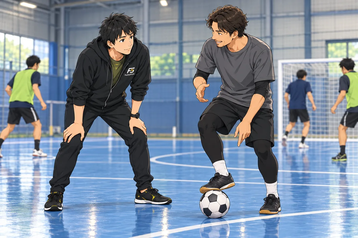 コートの上で、ボールを足裏で押さえる先輩に話を聞くkanata.