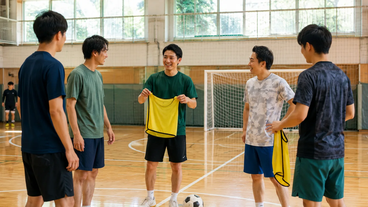 体育館でゴレイロのビブスを手に順番を決める個サルの参加者たち