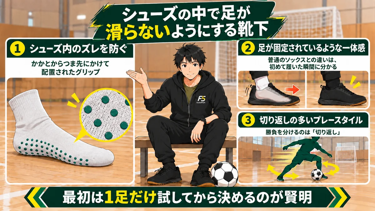 グリップソックスはシューズの中で足が滑らないようにする靴下、という結論と、シューズ内のズレを防ぐ、足が固定されているような一体感、切り返しの多いプレースタイル、の3つを示した図解