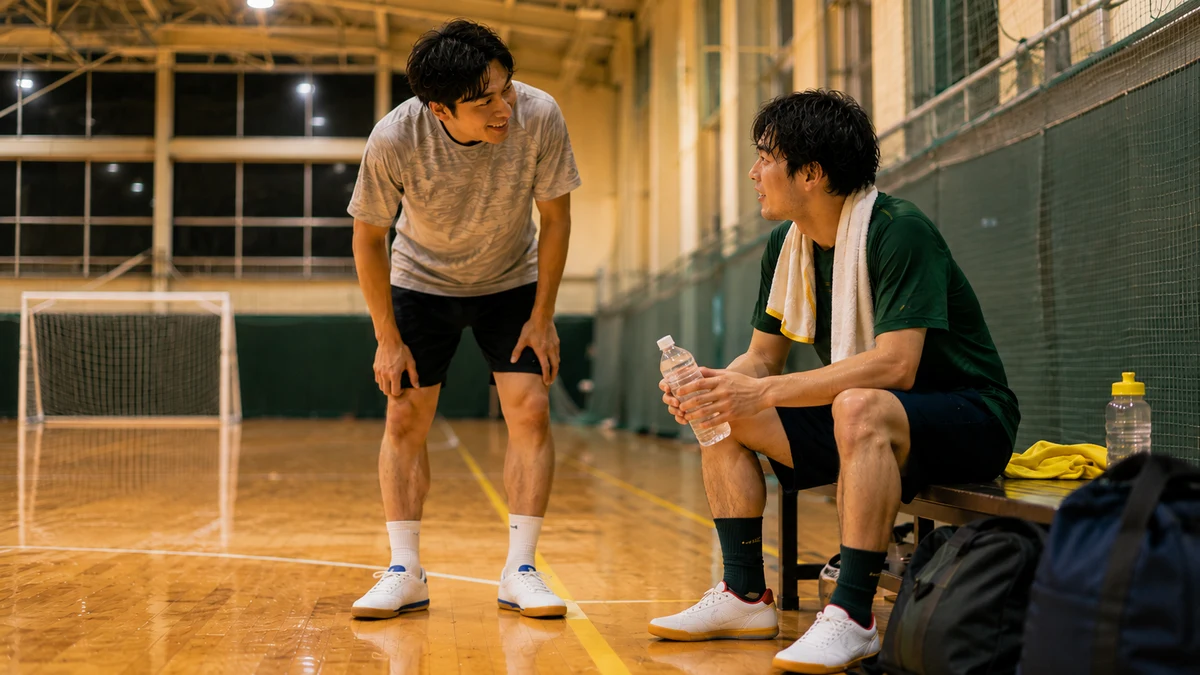 夏の個サルの休憩中、ベンチで水分補給する参加者に別の参加者が声をかけている場面