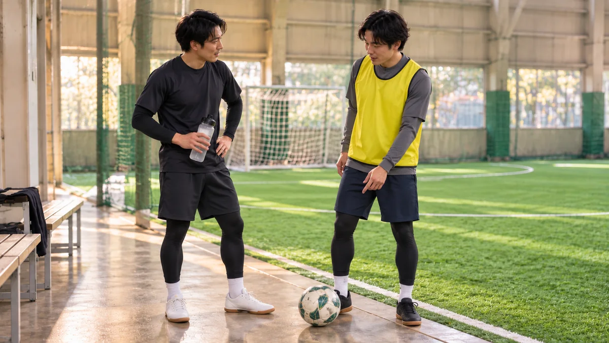 屋内フットサル施設のコート脇で、休憩中の2人が足元のボールを指さしながら話している場面