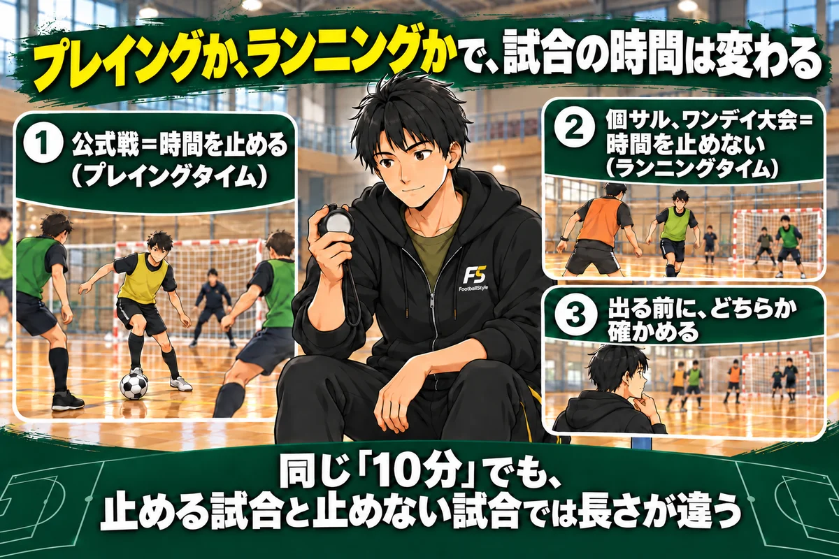 プレイングか、ランニングかで、試合の時間は変わる、という結論と、公式戦は時間を止めるプレイングタイム・個サルやワンデイ大会は時間を止めないランニングタイム・出る前にどちらか確かめる、の3つを示した図解