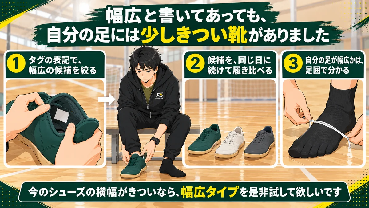 幅広と書いてあっても自分の足には少しきつい靴があった、という結論と、タグの表記で候補を絞る・同じ日に続けて履き比べる・足囲で幅広か分かる、の3点を示した図解