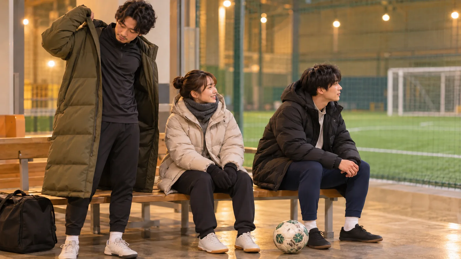 冬の屋内フットサルコート脇のベンチで、ベンチコートを羽織った3人が次の試合を待っている場面