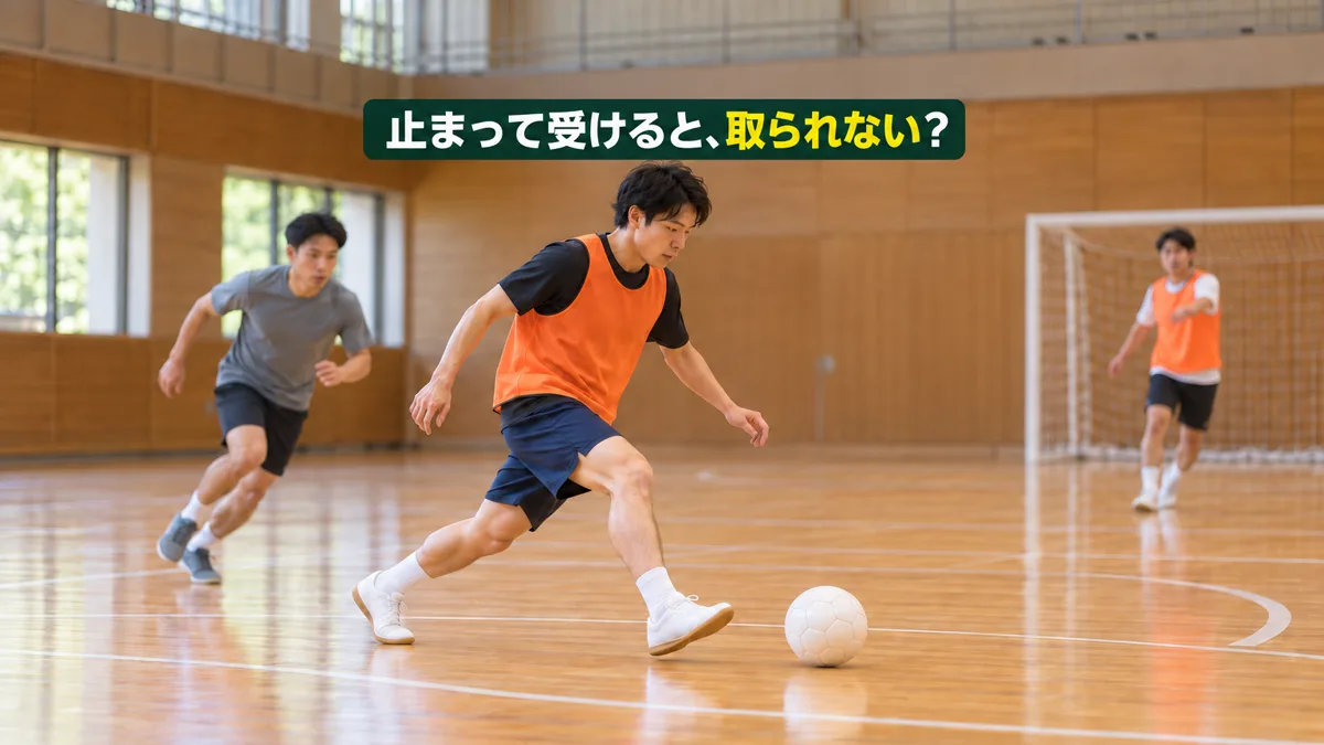 体育館のフットサルコートで、オレンジのビブスの選手が転がってくるボールに向かって一歩踏み出し、迎えに行っている。後ろから相手が寄せてくる。上に「止まって受けると、取られない？」の文字