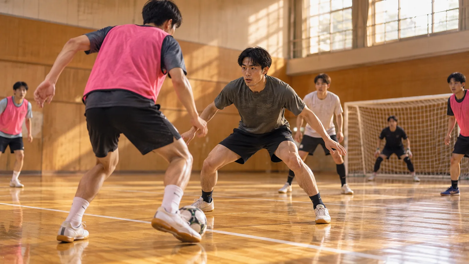 体育館で、ボールを持つピンクのビブスの相手に対し、守る選手が足を出さずに腰を落として正面に立ち、1対1で向き合っている場面