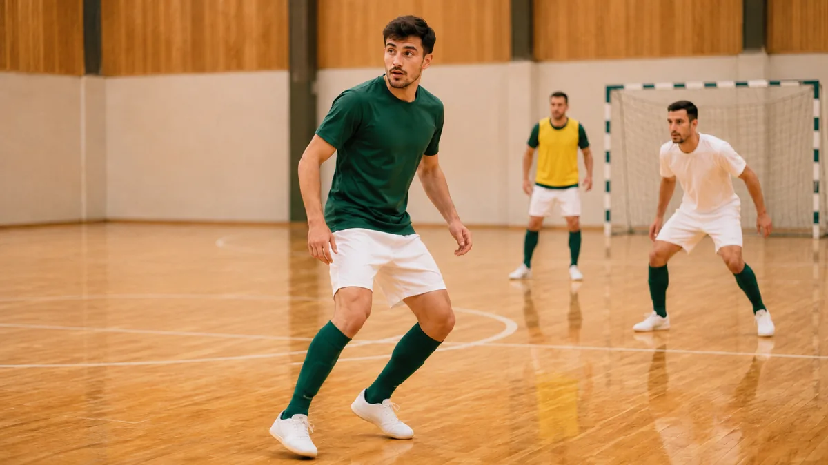 フットサルコートでボールを持たない選手が周囲を見ながら立ち位置を取る様子