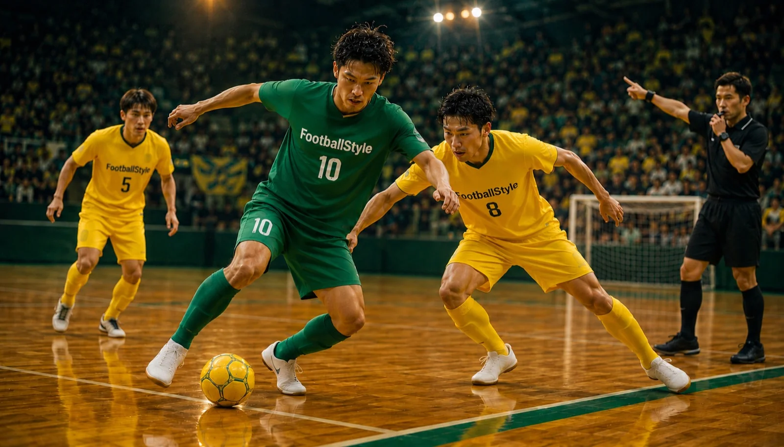 フットサル試合シーン・FootballStyle緑チーム10番と黄チーム8番が競り合い・審判が判定ジェスチャー