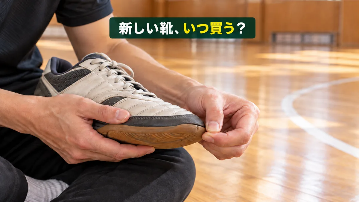 体育館で、室内用のフットサルシューズを両手で持ち、つま先の靴底が甲から少し浮いてきたところを指で確かめている。上に「新しい靴、いつ買う？」の文字
