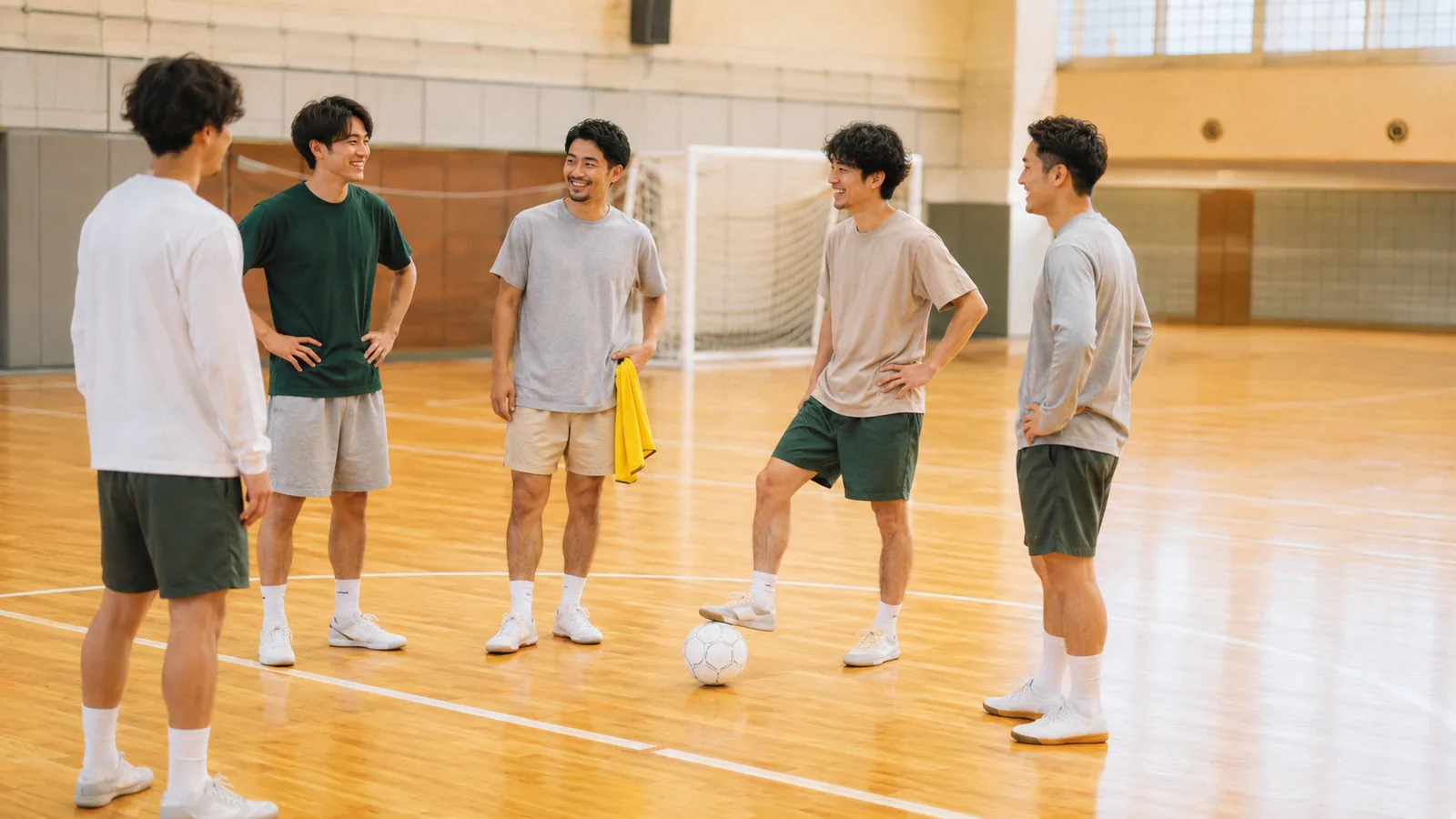 屋内フットサルコートで練習前に輪になって準備する社会人チームの様子