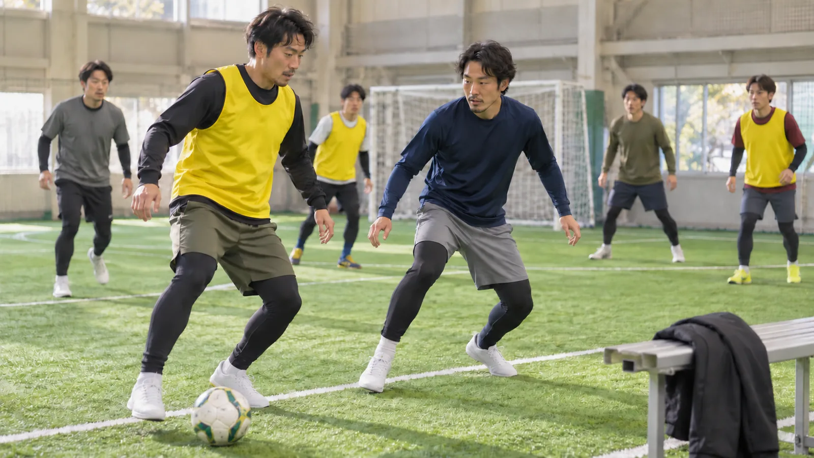 冬の屋内の人工芝コートで、長袖の練習着の選手たちがボールを追っている試合中の場面