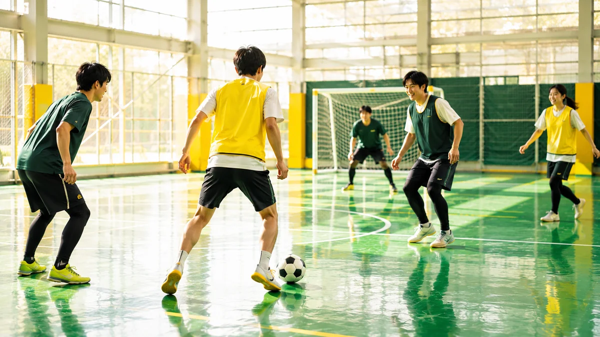明るい体育館でフットサルを楽しむ社会人プレーヤーたち。基本ポジションを解説する記事のイメージ
