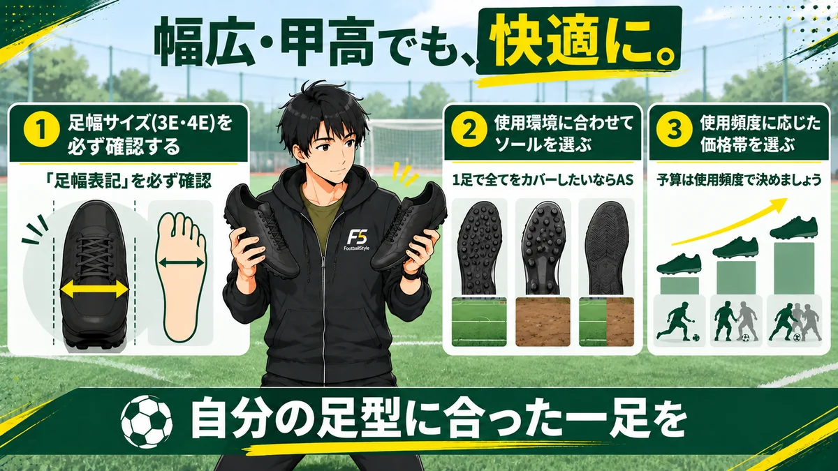 幅広・甲高でも快適に選ぶための結論図解。足幅サイズ(3E・4E)を必ず確認する、使用環境に合わせてソールを選ぶ、使用頻度に応じた価格帯を選ぶ、の3つのポイントと、自分の足型に合った一足を、というまとめ